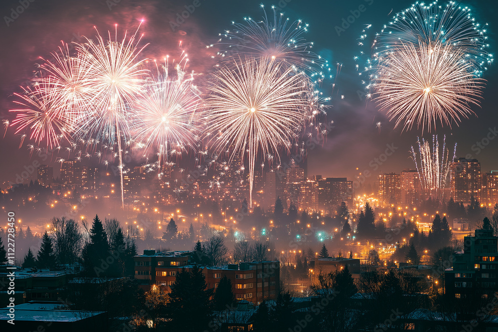 Naklejka premium Crowd Gathered in Front of Illuminated Clock Tower Building During Colorful Fireworks Display