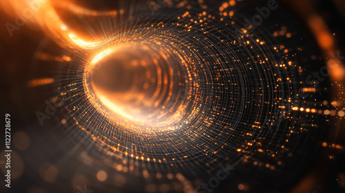 Abstract concept of layered analysis curve paths data. Noise sphere with color curves, blurred lines and lens effects. Banner for business and science design. Big data.