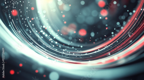 Abstract concept of layered analysis curve paths data. Noise sphere with color curves, blurred lines and lens effects. Banner for business and science design. Big data.