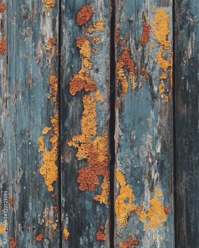 Weathered wooden planks with orange and blue textures, showcasing decay and natural beauty.