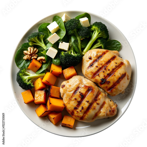 Grilled chicken thighs with roasted butternut squash and steamed broccoli on a transparent background photo