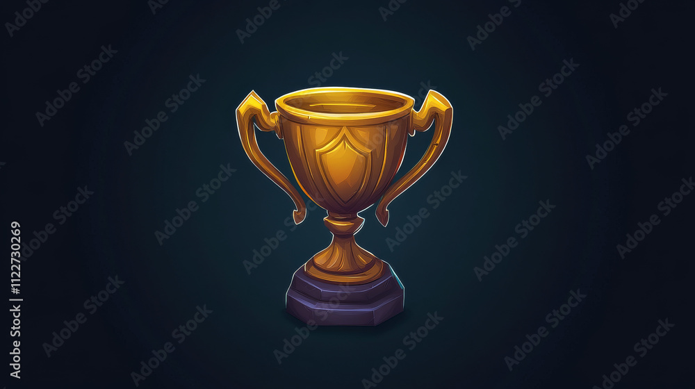 Gold cup trophy GUI gaming or mobile app icon on dark background. First place prize vector illustration in cartoon style Gold cup trophy GUI gaming or mobile app icon on dark background. First place prize vector illustration in cartoon style