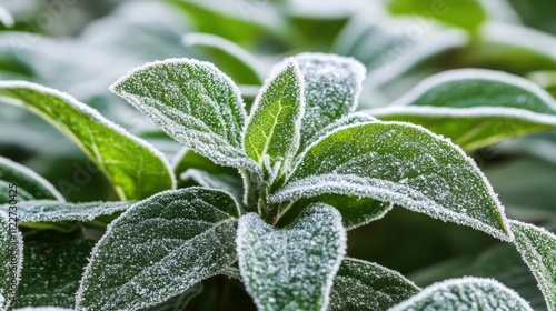 Close-up of frost-covered leaves. photo