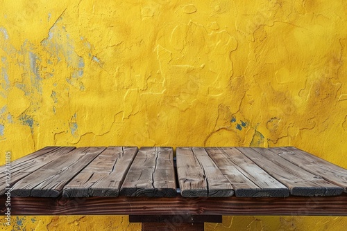 Empty wooden deck table for product presentation on yellow background. photo