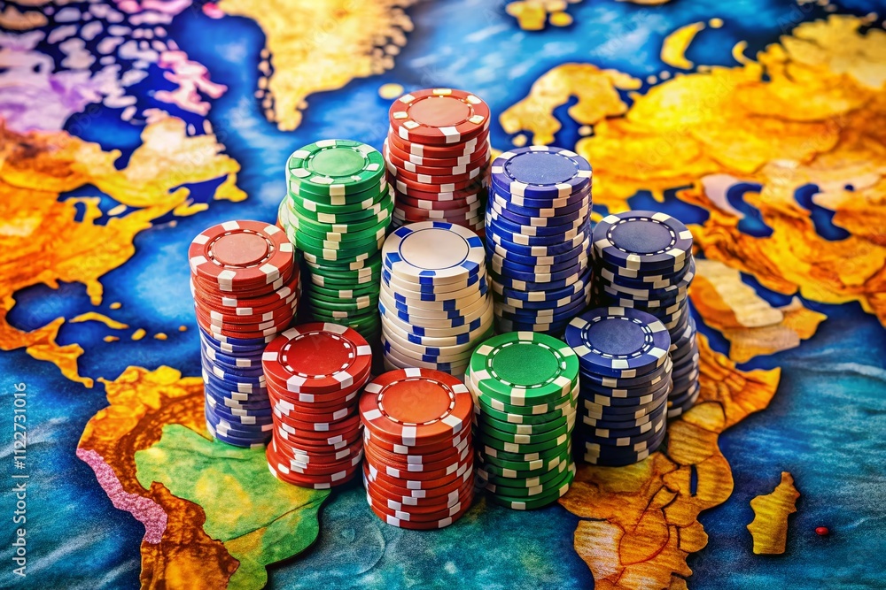 Naklejka premium Aerial View of Colorful Casino Chips on a World Map Representing Big Wins in Online Poker at a Global Scale for a Captivating Gaming Experience