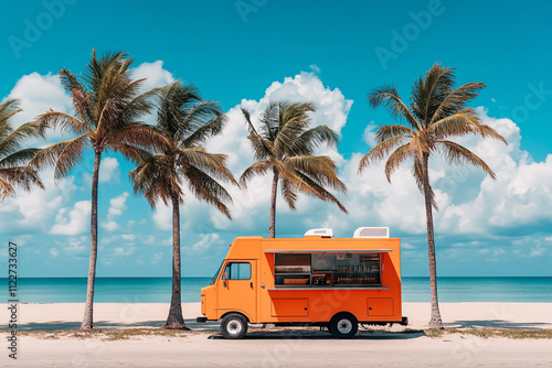 Fototapeta Naklejka Na Ścianę i Meble -  A food truck on the beach with palm trees, a blue sky and an orange food cart