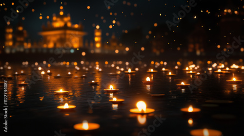 Golden Temple Festival at night, lamps and candles illuminate the path to the temple, the dark sky is decorated with stars, Ai generated images photo