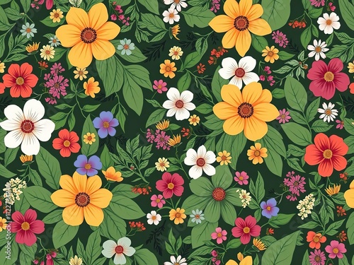 Nature-Inspired Floral Pattern with Mixed Greens and Colorful Flowers, garden design, botanical illustrations, leafy arrangement