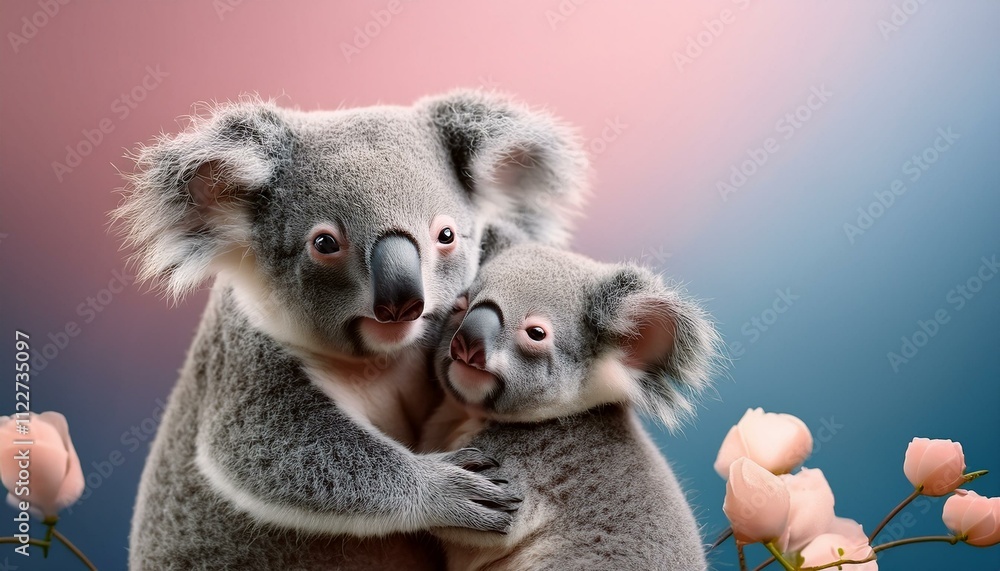 Fototapeta premium Animal tender, romantic love, pastel background. Baby koalas hug and cuddle. Valentine's Day in the animal world