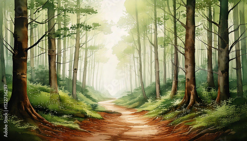 A watercolor forest scene with soft green trees, gentle sunlight streaming through the canopy, and a misty, ethereal atmosphere in pastel tones.