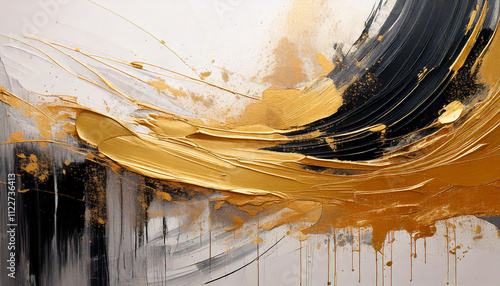 A minimalistic abstract background with bold brush strokes in black and gold, set against a textured white canvas, exuding elegance and simplicity.