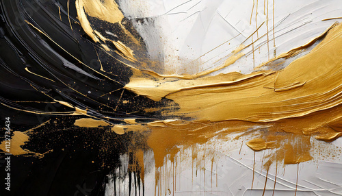 A minimalistic abstract background with bold brush strokes in black and gold, set against a textured white canvas, exuding elegance and simplicity.