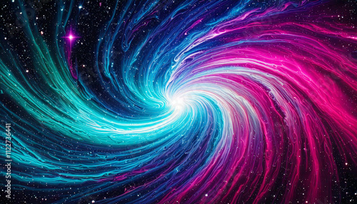 An abstract cosmic background with swirling galaxy patterns, vibrant colors like teal and magenta, and sparkling stars scattered throughout.