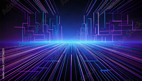 A futuristic abstract background with geometric patterns, glowing neon lines, and a mix of blue and purple tones fading into black.