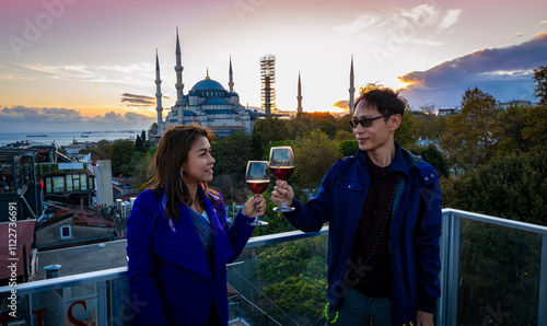 Photography Happy moment couple or friendship with relaxing ,red, wineglass,celebration on t