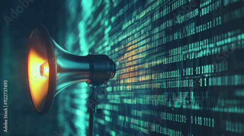 futuristic speaker megaphone and binary code data  concept for web business digital marketing