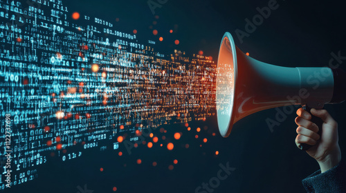 futuristic speaker megaphone and binary code data  concept for web business digital marketing