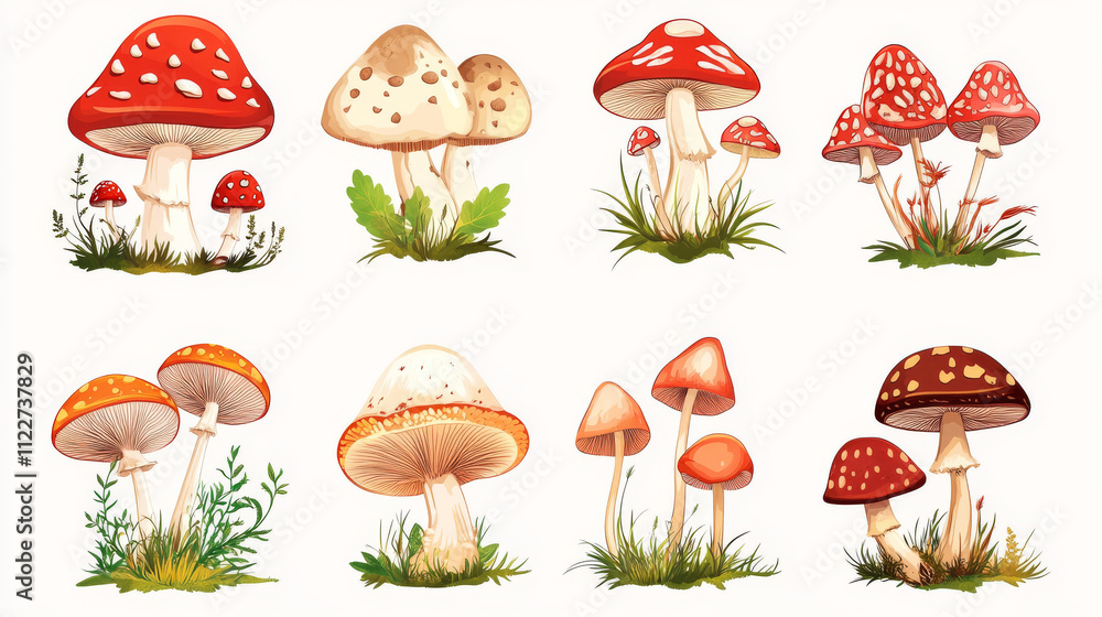 Collection of fairy magic fantasy mushrooms with grass and twigs in magic forest. Set of vector fungi and fantastic toadstools isolated on white background. For web, video games, design printing. Collection of fairy magic fantasy mushrooms with grass and twigs in magic forest. Set of vector fungi and fantastic toadstools isolated on white background. For web, video games, design printing.