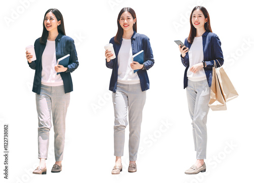 Full body of adult asian business woman walking positive smiling face isolated cutout transparent background