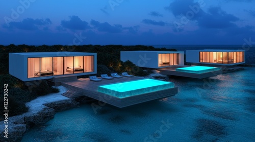 Wallpaper Mural Long Weekend Vacation and Hotel concept. Modern villas with pools at dusk by the ocean. Torontodigital.ca