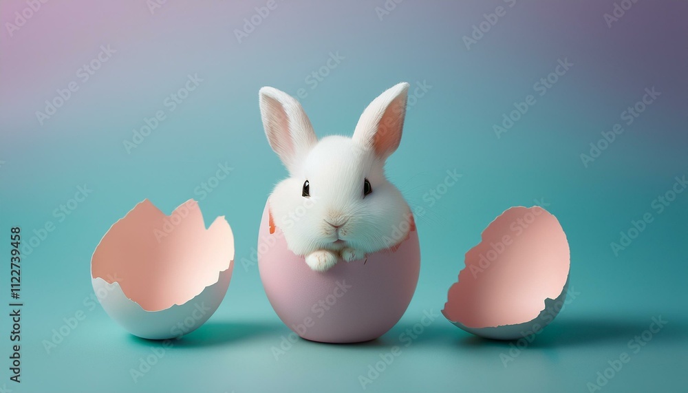 Obraz premium Minimal creative pastel Easter concept, painted pastel, half cracked egg with little white rabbit inside. A symbol of spring holidays