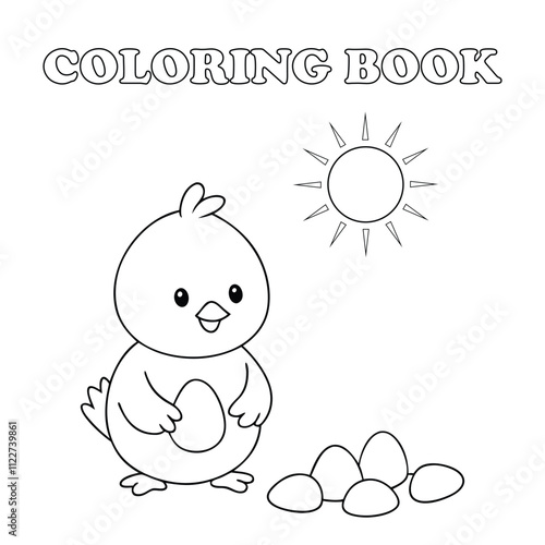 Coloring page for kids cute baby fluffy baby chick pecking at seeds, surrounded by eggshells and a bright sun.
