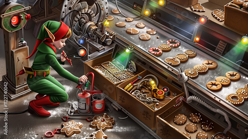 An industrious Christmas elf is mid-repair on a malfunctioning gingerbread machine with flashing lights and jammed gears. photo