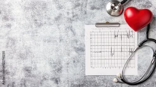 Medical chart with stethoscope and red heart on a stone surface. photo