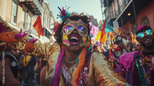 Lively Mardi Gras in New Orleans, colorful parade with people wearing masks and glittering costumes, Ai generated images photo