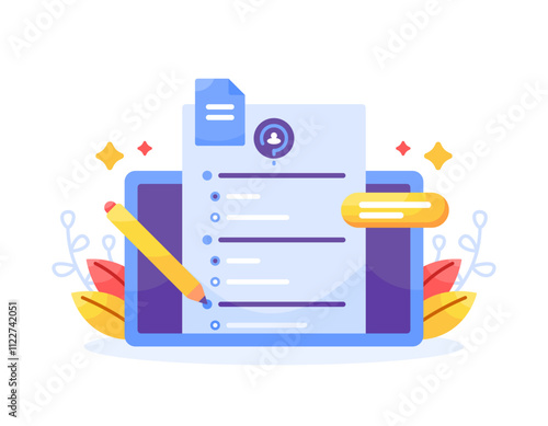 questionnaire concept. question and answer. Illustration of a tablet device with a survey form with a pencil. Filling or answering a survey or questionnaire. Symbols and icons. Flat style design
