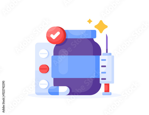 illustration of a medicine bottle or jar with tablet, capsule or pill medication. medical supplies. injection or syringe. vaccine, painkiller, vitamin or supplement. pharmacy. symbols and icons. flat 