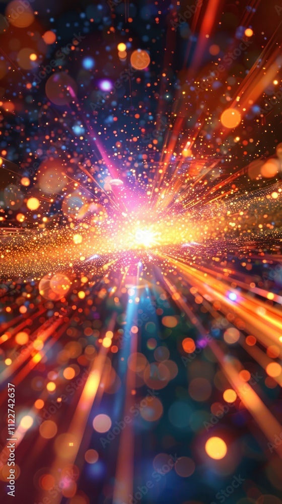 Fototapeta premium Stunning and dynamic image of a spectacular cosmic explosion with a burst of colorful shimmering lights radiant beams and a vibrant energetic glow against a dark celestial background