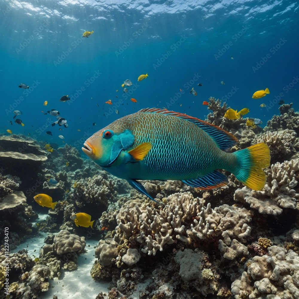 Fototapeta premium A parrotfish flying in tropical waters near coral reefs.