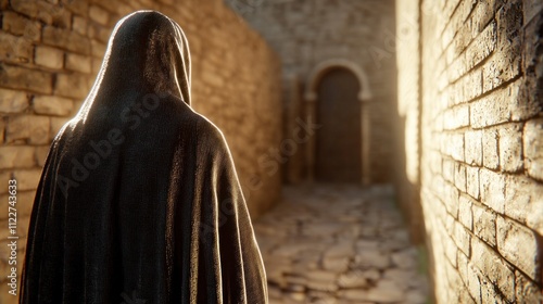 A figure in a cloak stands in a stone alleyway, illuminated by soft light, leading to a mysterious door. photo