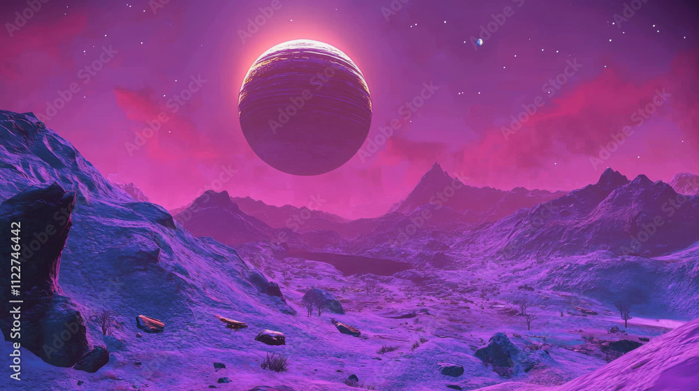 Mars purple space landscape with a large planets, starry sky, meteors and mountains. Space landscape with a huge planet on the horizon Mars purple space landscape with a large planets, starry sky, meteors and mountains. Space landscape with a huge planet on the horizon