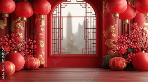 Chinese New Year celebration with red lanterns and a festive tree, bringing holiday cheer to the home with decorations and lights, like a wintery Christmas scene indoors photo