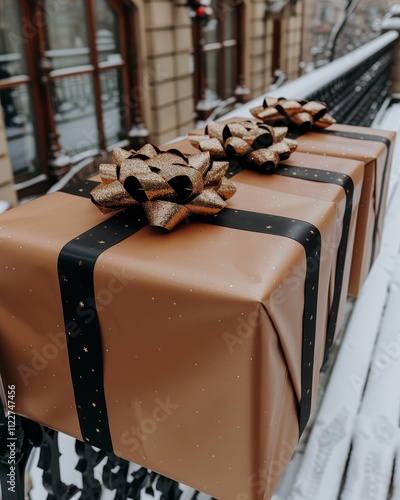 Woman arrives home carrying a stack of colorful christmas gift boxes, spreading holiday cheer