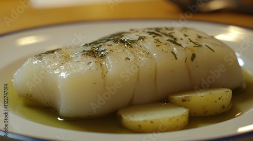 Pan-seared white fish fillet with herbs and roasted potatoes. photo