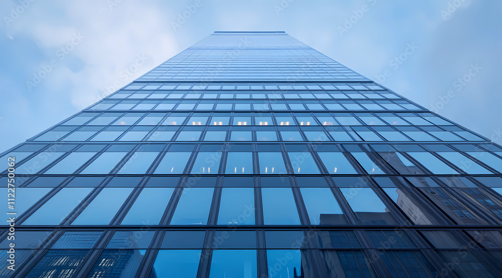 Fototapeta premium Modern Office Tower with Panoramic Glass Windows and Sleek Urban Design