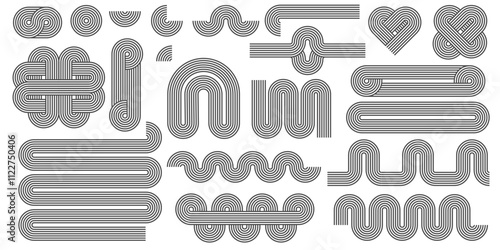 Abstract shapes with line pattern. Vector retro arch and geometric waves on white background. Organic graphic elements and curved modern figures. Simple minimalistic aesthetic stripes