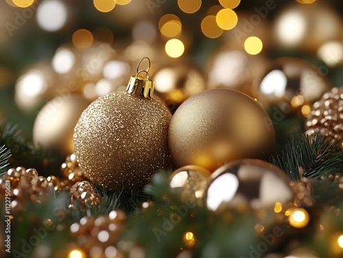 Golden Christmas Ornaments Nestled Among Festive Lights