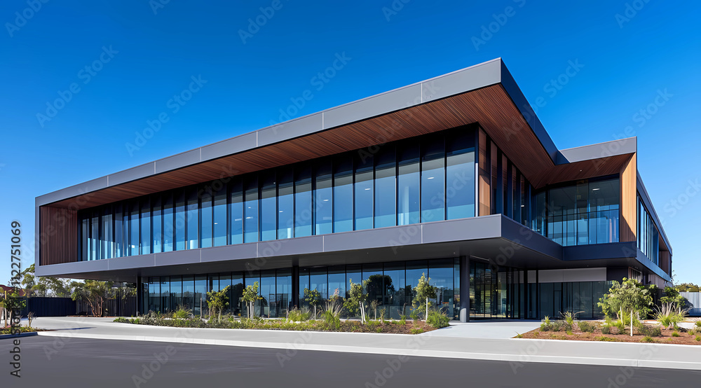 Sleek Business Complex with Oversized Glass Panels and Modern Office Spaces Sleek Business Complex with Oversized Glass Panels and Modern Office Spaces