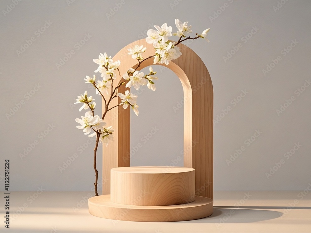 Geometric empty podium wooden platform stand for product presentation and spring flowering tree branch with white flowers on pastel beige background.