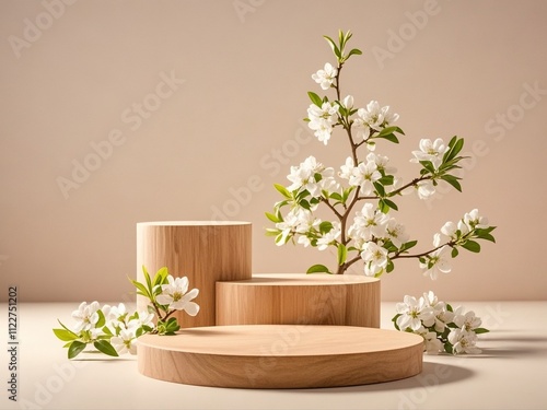 Obraz na płótnie Geometric empty podium wooden platform stand for product presentation and spring flowering tree branch with white flowers on pastel beige background. w salonie