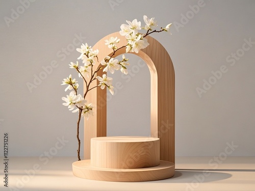 Obraz na płótnie Geometric empty podium wooden platform stand for product presentation and spring flowering tree branch with white flowers on pastel beige background. w salonie