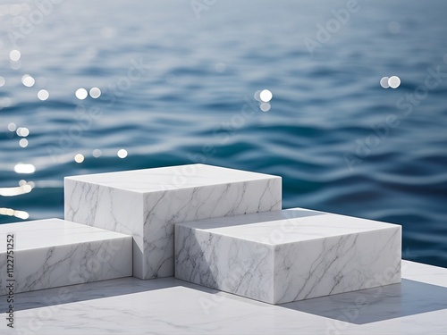 Empty white pedestal step marble table with blur sea bokeh banner background Mockup template for product display advertise on online media