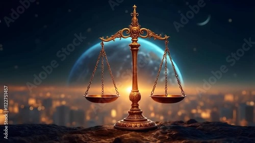 Balancing justice and earth: scales of fairness over a global backdrop photo