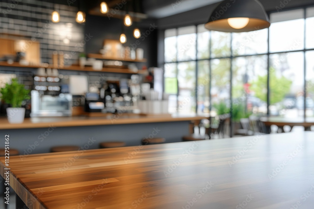 Fototapeta premium Cozy Modern Café Interior with Wooden Table