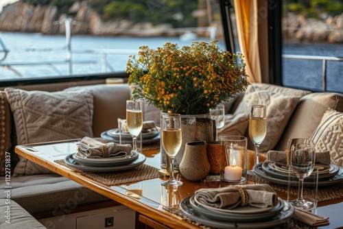 Friends reveling on a luxurious yacht deck, toasting with champagne against a stunning seascape