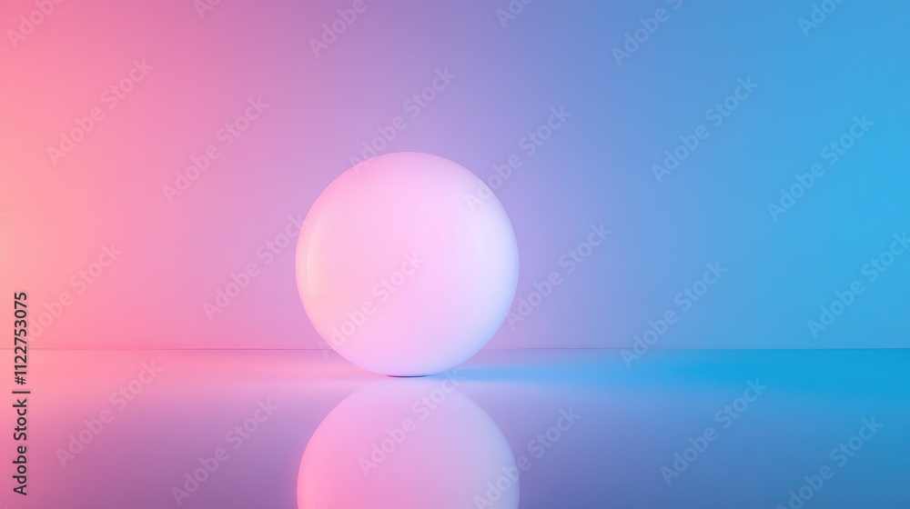 White sphere reflecting on a glossy surface, illuminated by pink and blue neon lights. White sphere reflecting on a glossy surface, illuminated by pink and blue neon lights.